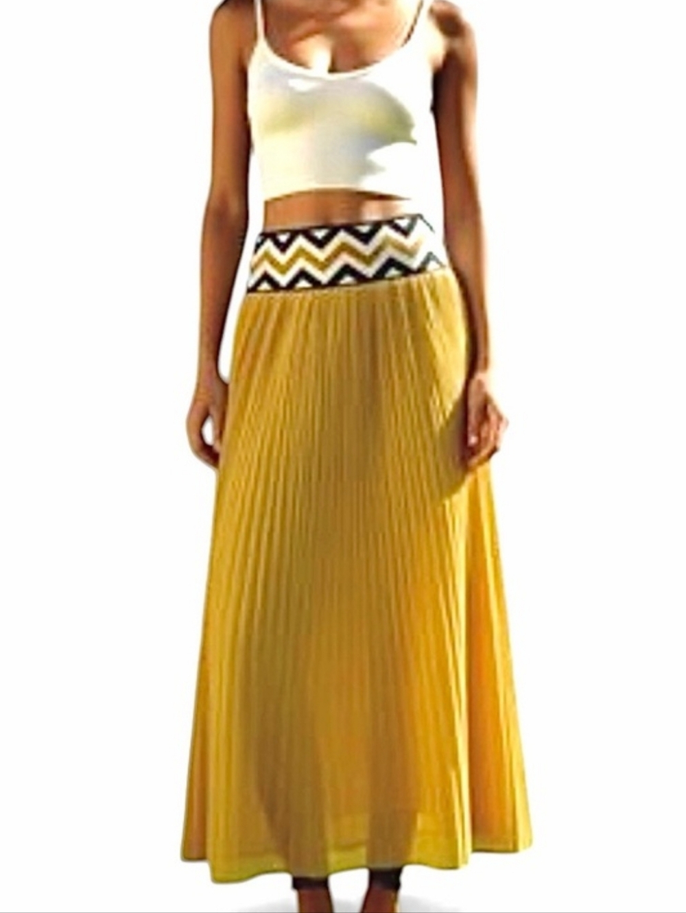 Dear Creatures Anthropologie Mustard Pleated Maxi Skirt Chevron Boho Retro M